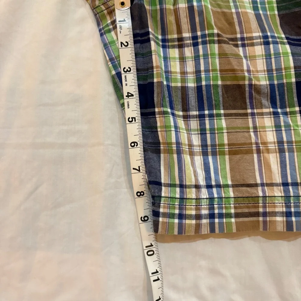 Madison Mens Plaid Shorts Size 38 Green Navy Blue Brown Cotton Flat Front Summer